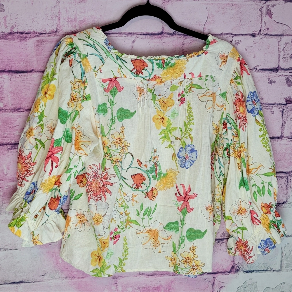 LAURA ASHELY LINEN BLEND BUTTON FRONT FLORAL PRINTED PUFF SLEEVE BOHO BLOUSE L - Picture 2 of 12